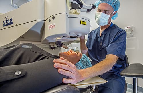 eye doctor performing LASIK procedure on patient